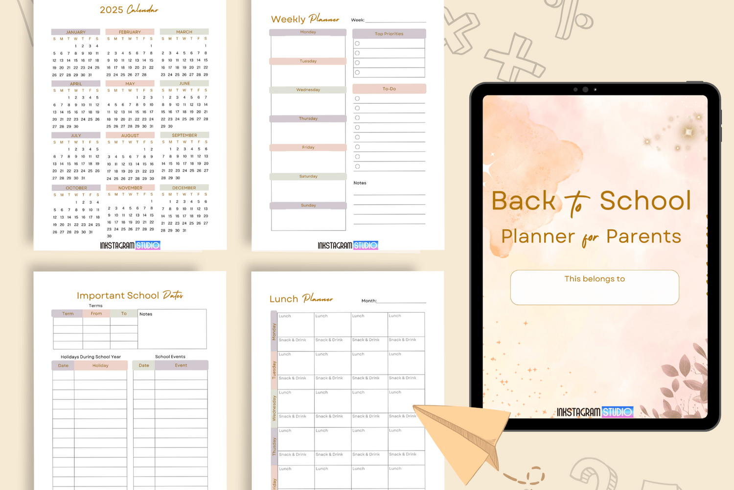 Back to School planner for parents featuring 2025 calendar, school dates, and lunch planner templates.