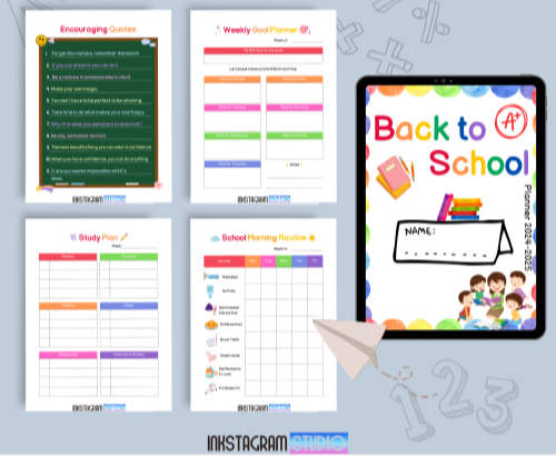 Colorful planner templates for back to school, including study plan, weekly goals, and morning routine.