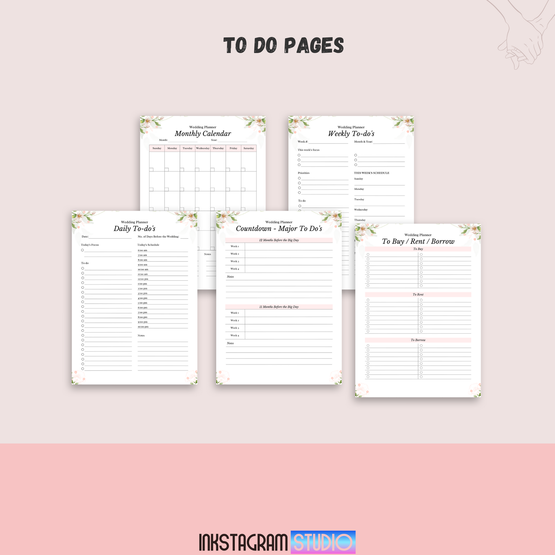 Ultimate Wedding Planner to-do list pages with daily, weekly, and monthly tasks templates.