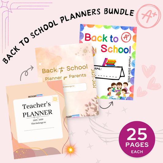 Back to School Planner Bundle for kids, parents, and teachers featuring vibrant designs and essential organization tools.