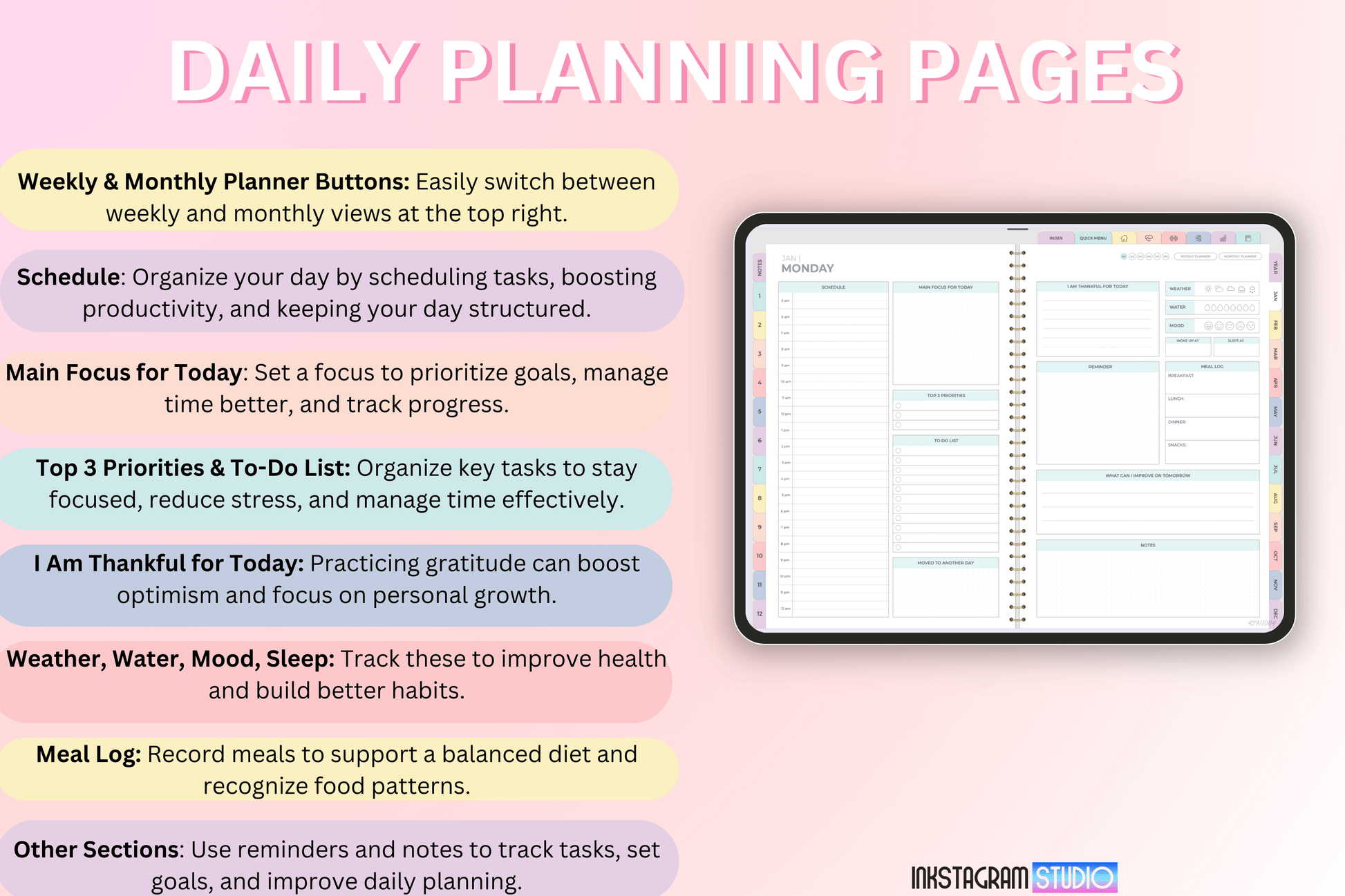 Daily planning pages of the Rainbow Digital Planner displayed on a tablet, highlighting features like scheduling, goal setting, and health tracking.