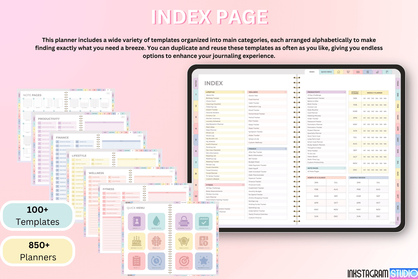 Index page of All-in-One Rainbow Digital Planner featuring customizable templates and planners for productivity and lifestyle balance.