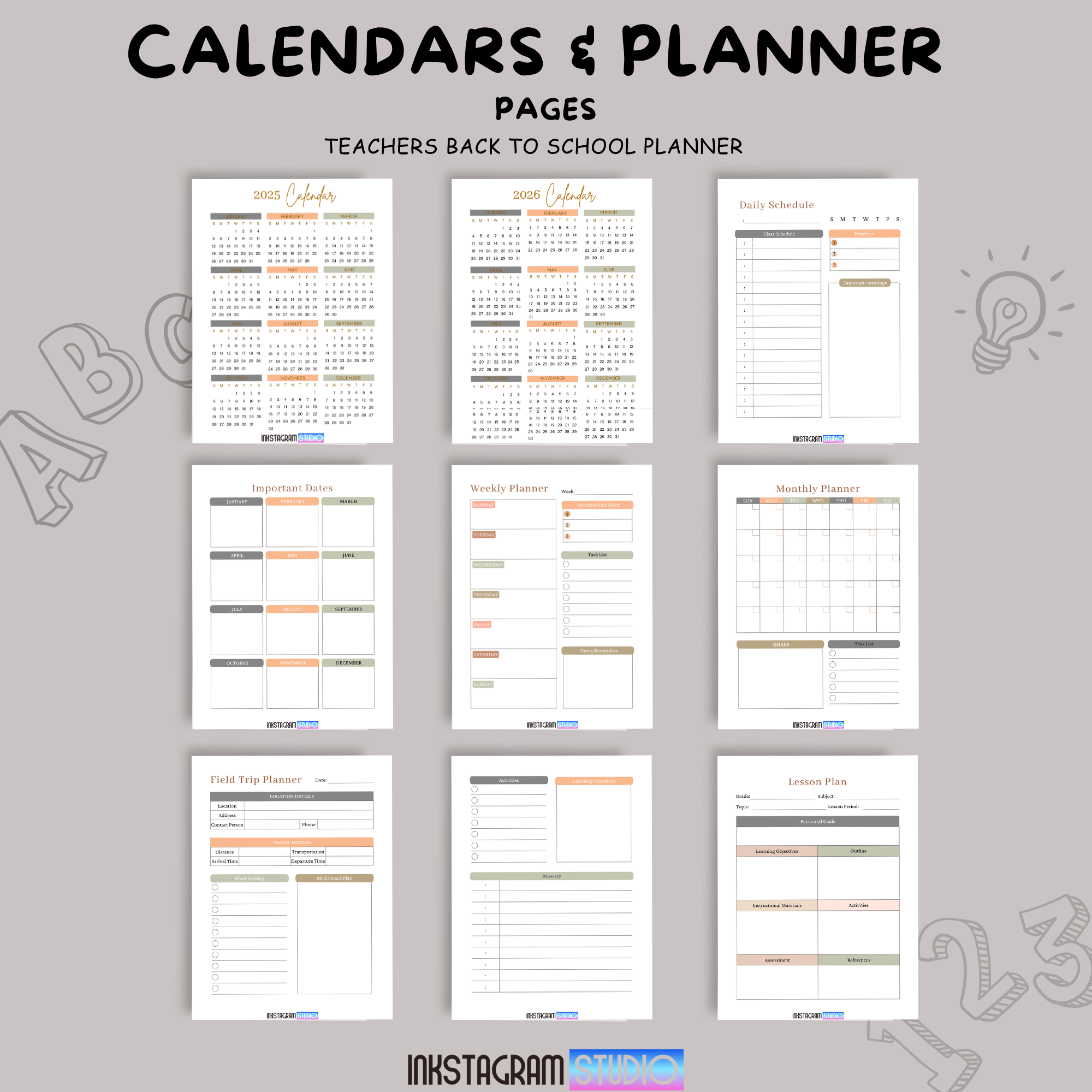 Back to school planner pages for teachers, including calendars, schedules, and lesson plans.