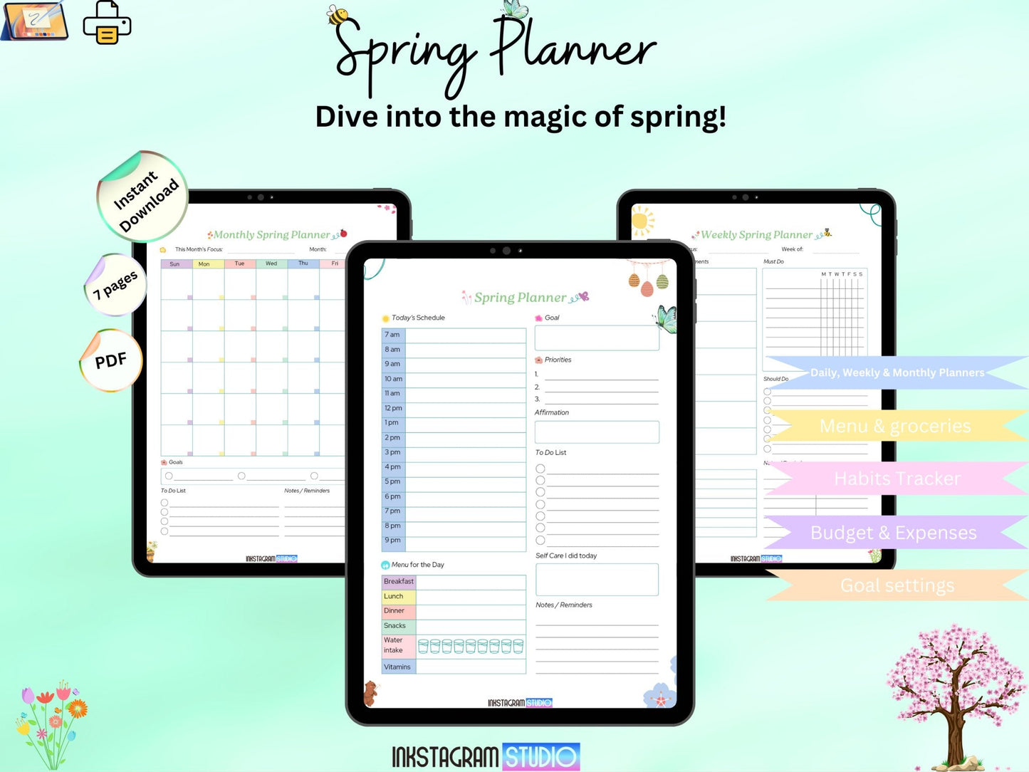 Spring planner pages displaying daily, weekly, and monthly layouts on a digital device with spring theme.