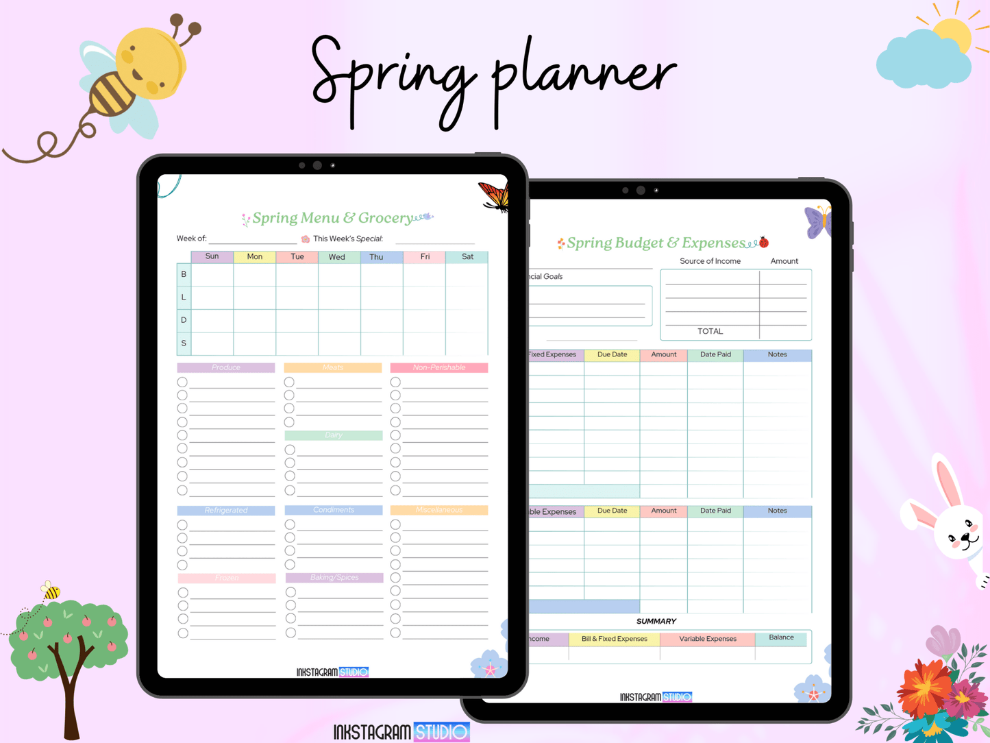 Spring planner displaying menu, grocery, budget, and expenses pages with a seasonal theme.