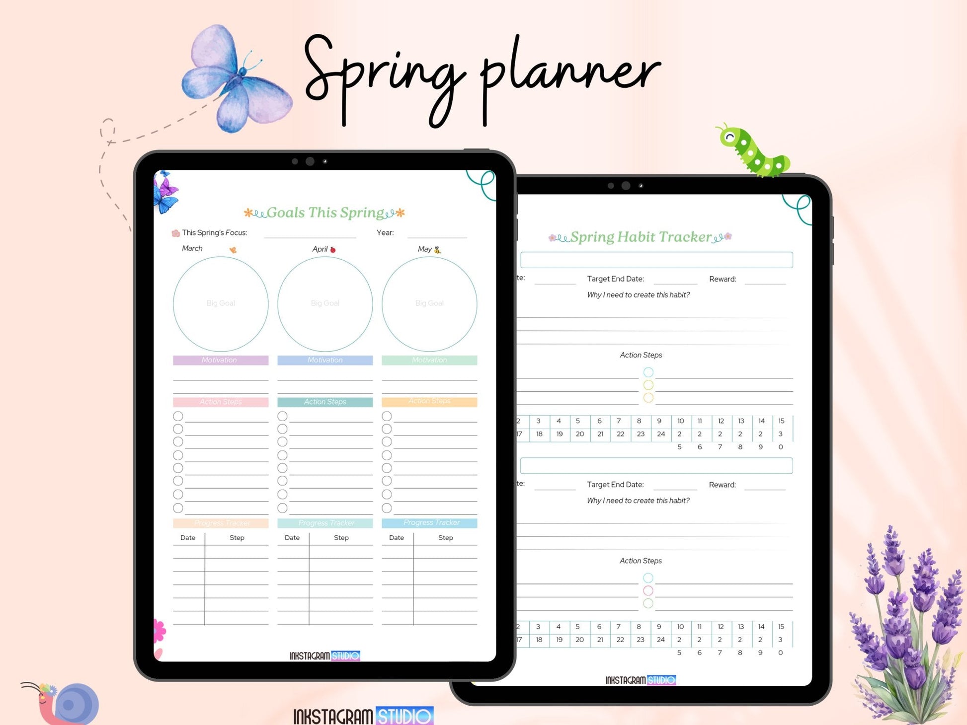 Spring planner on tablets with goals, habit tracker, and floral accents.