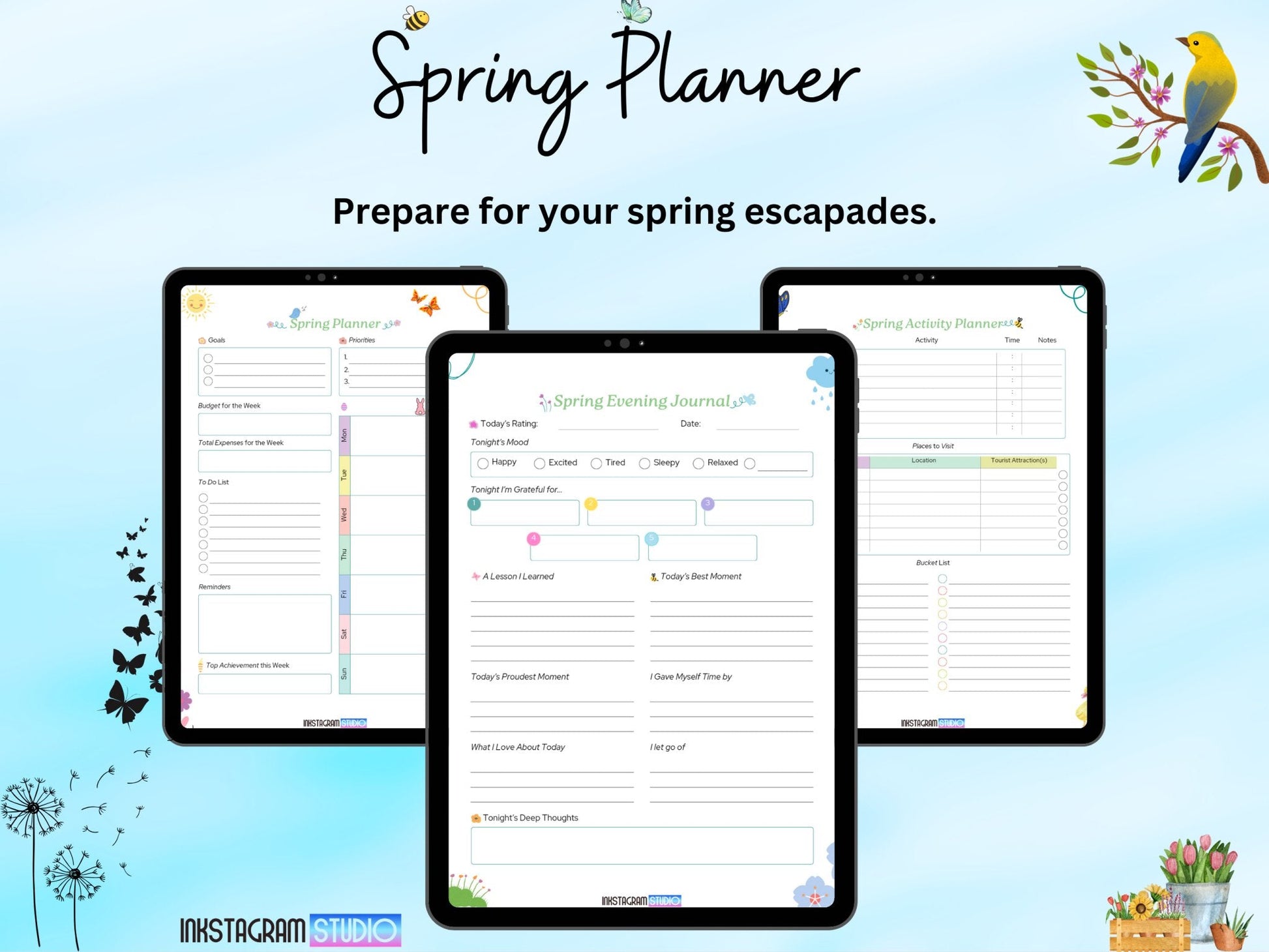 Spring planner with pages for weekly planning, goals, menu, activities, budget, habits, and journaling; ideal for organizing and revitalizing your spring.