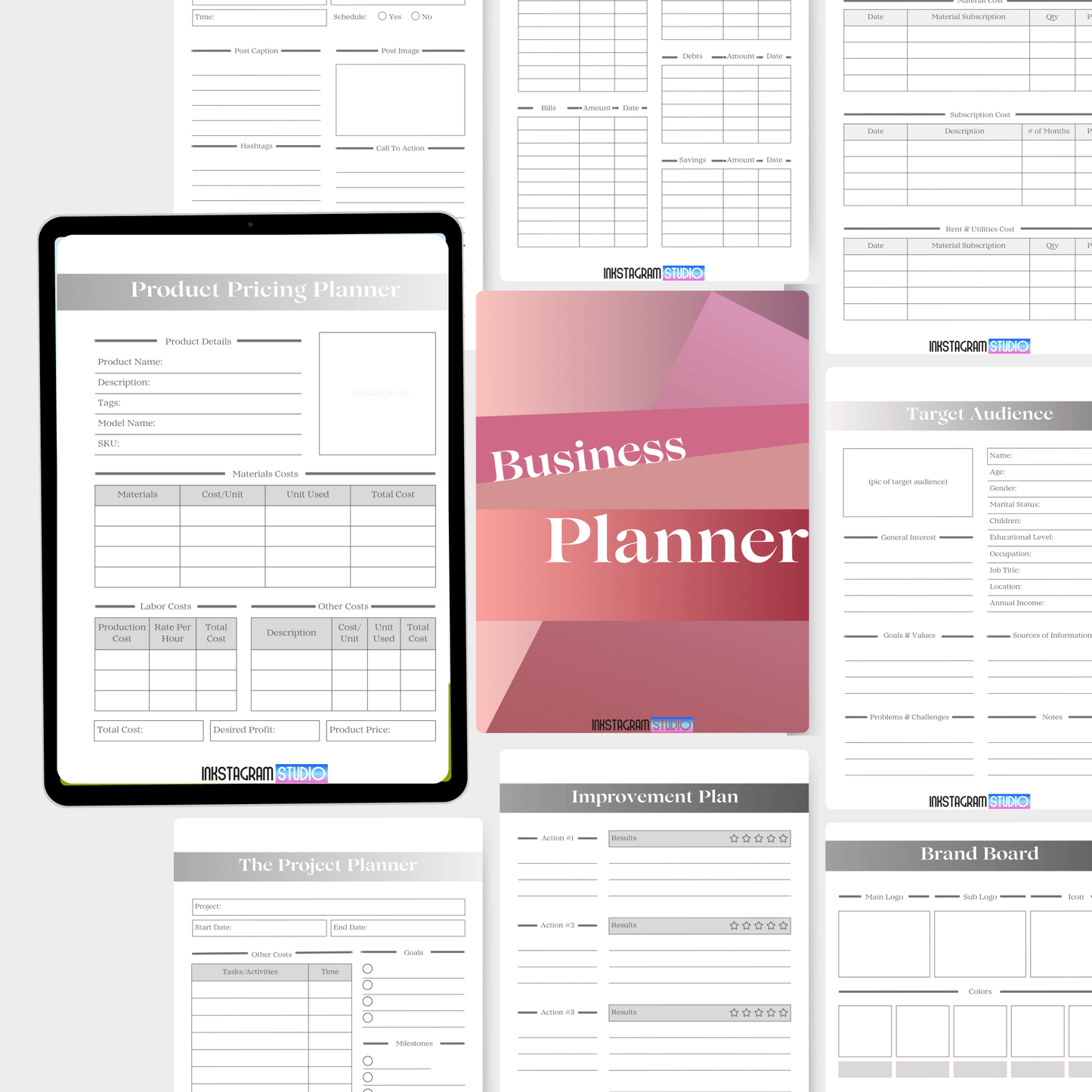 Ultimate Business Planner by Inkstagram Studio featuring product pricing, target audience, and improvement plan templates.