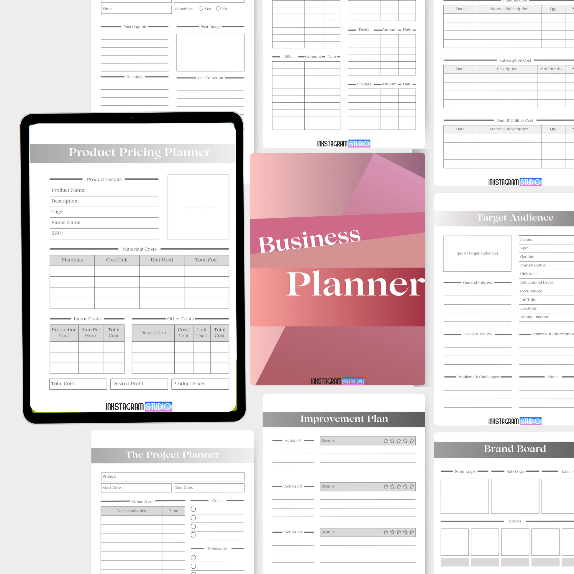 Ultimate Business Planner by Inkstagram Studio featuring product pricing, target audience, and improvement plan templates.