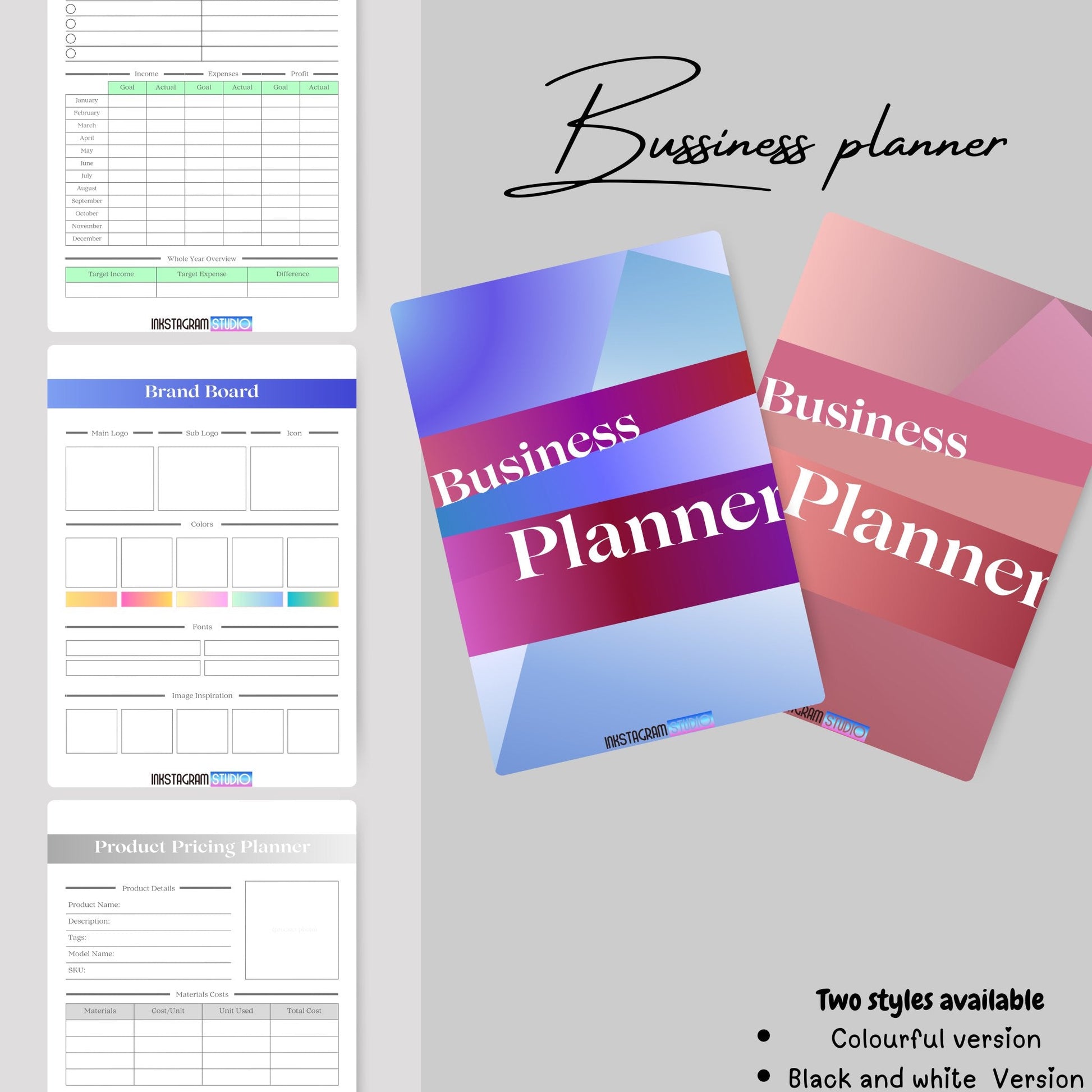 Ultimate Business Planner with colorful and black-and-white versions, includes brand board and product pricing planner.