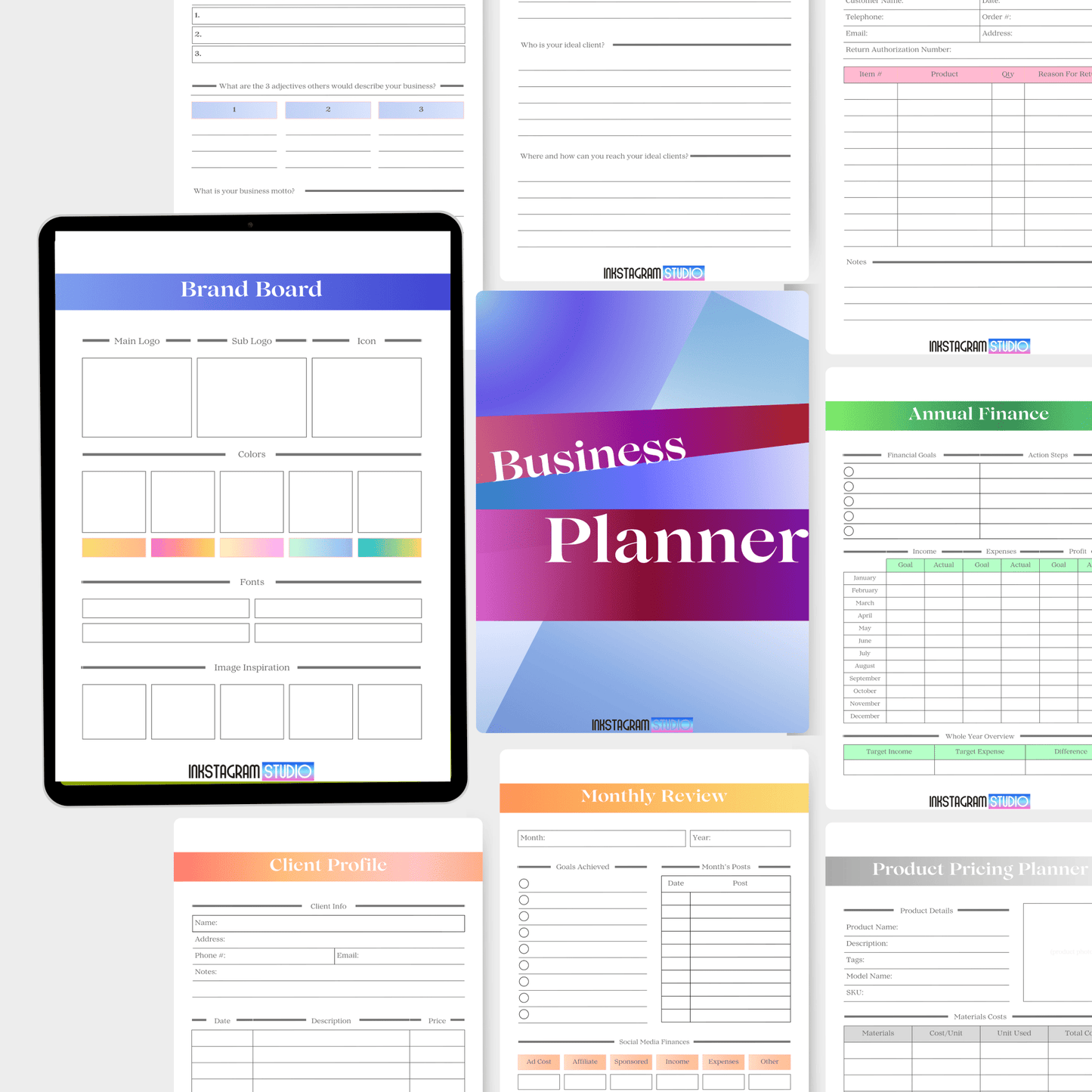 Ultimate Business Planner layout with Brand Board, Annual Finance, Client Profile, Monthly Review, and Product Pricing Planner.