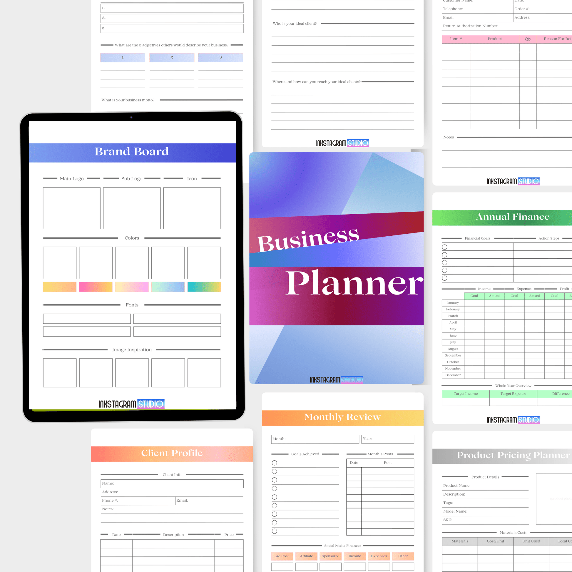 Ultimate Business Planner layout with Brand Board, Annual Finance, Client Profile, Monthly Review, and Product Pricing Planner.