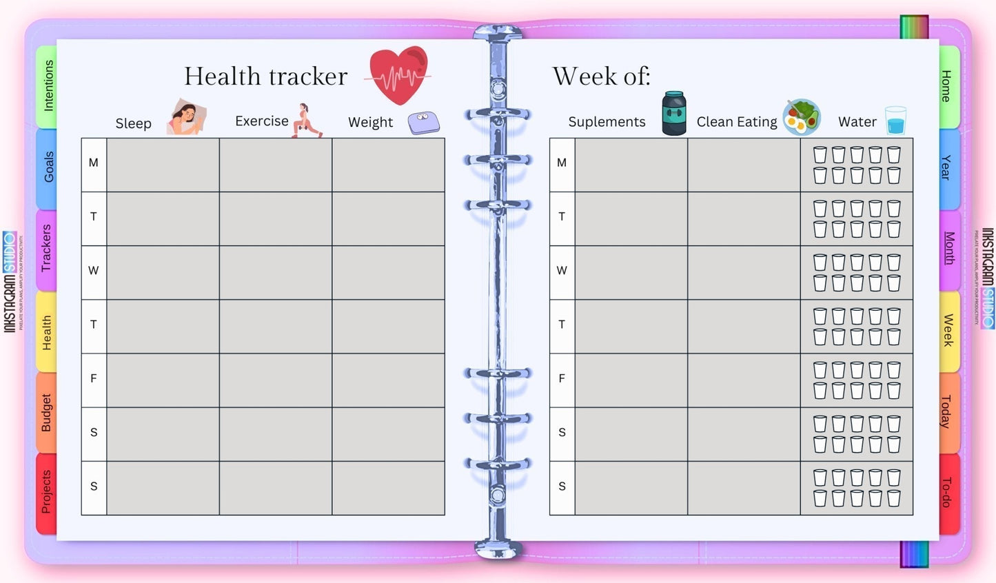 The Ultimate Essentials Digital Planner featuring weekly health tracker pages.