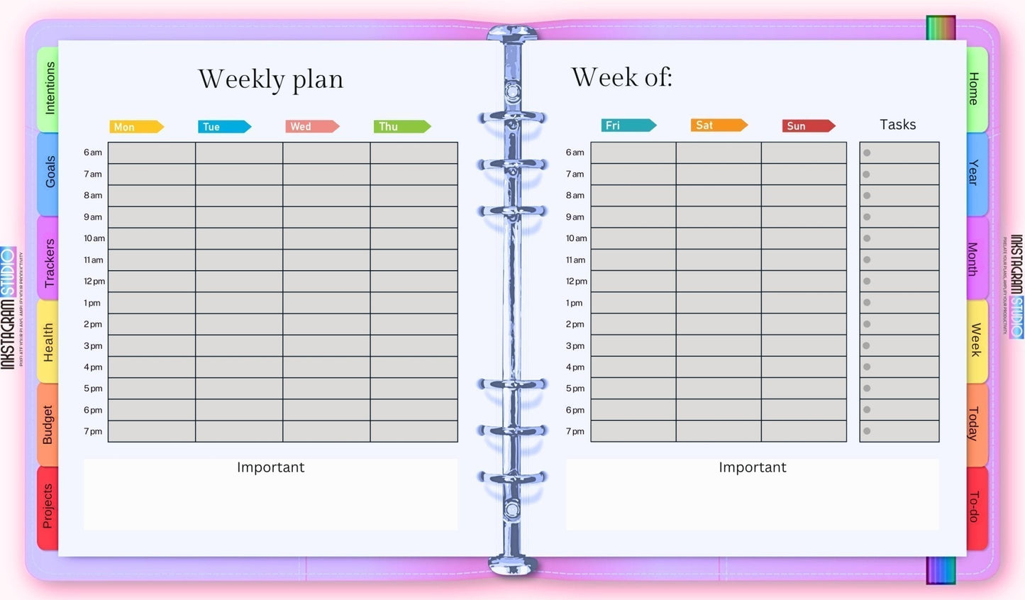 The Ultimate Essentials Digital Planner weekly layout with colorful tabs.