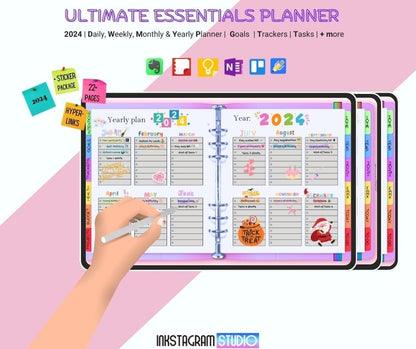 The Ultimate Essentials Digital Planner with daily, weekly, monthly, yearly goals and trackers.