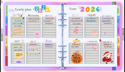 The Ultimate Essentials Digital Planner open to a colorful 2024 yearly plan with monthly tabs and reminders.