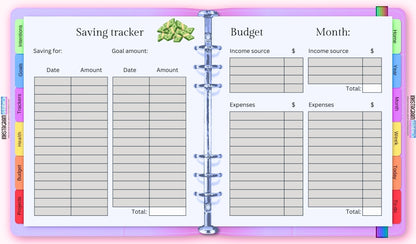 The Ultimate Essentials Digital Planner open to saving tracker and budget pages.