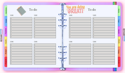 The Ultimate Essentials Digital Planner open with lists and motivational design.