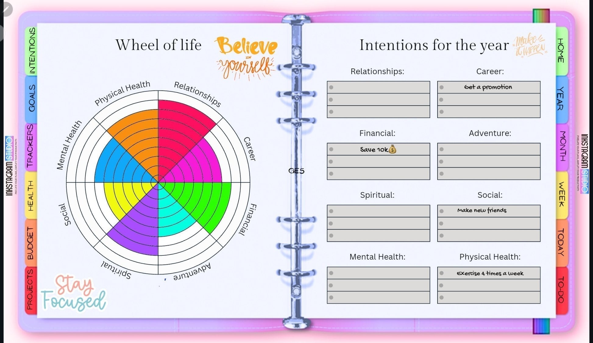 Digital planner with "Wheel of Life" and "Intentions for the Year" sections, featuring tabs for organization.