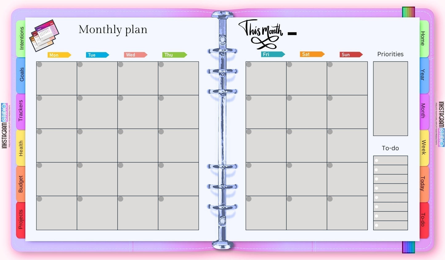 The Ultimate Essentials Digital Planner featuring a monthly layout with colorful tabs and sections for goals, priorities, and to-do lists.