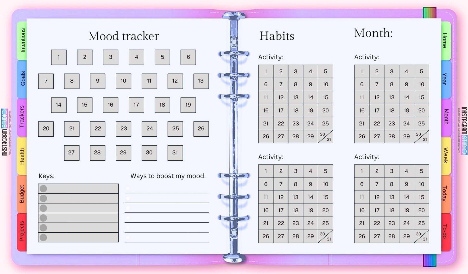 The Ultimate Essentials Digital Planner showcasing mood tracker and habit calendar.