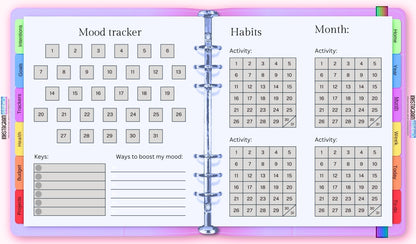 The Ultimate Essentials Digital Planner showcasing mood tracker and habit calendar.