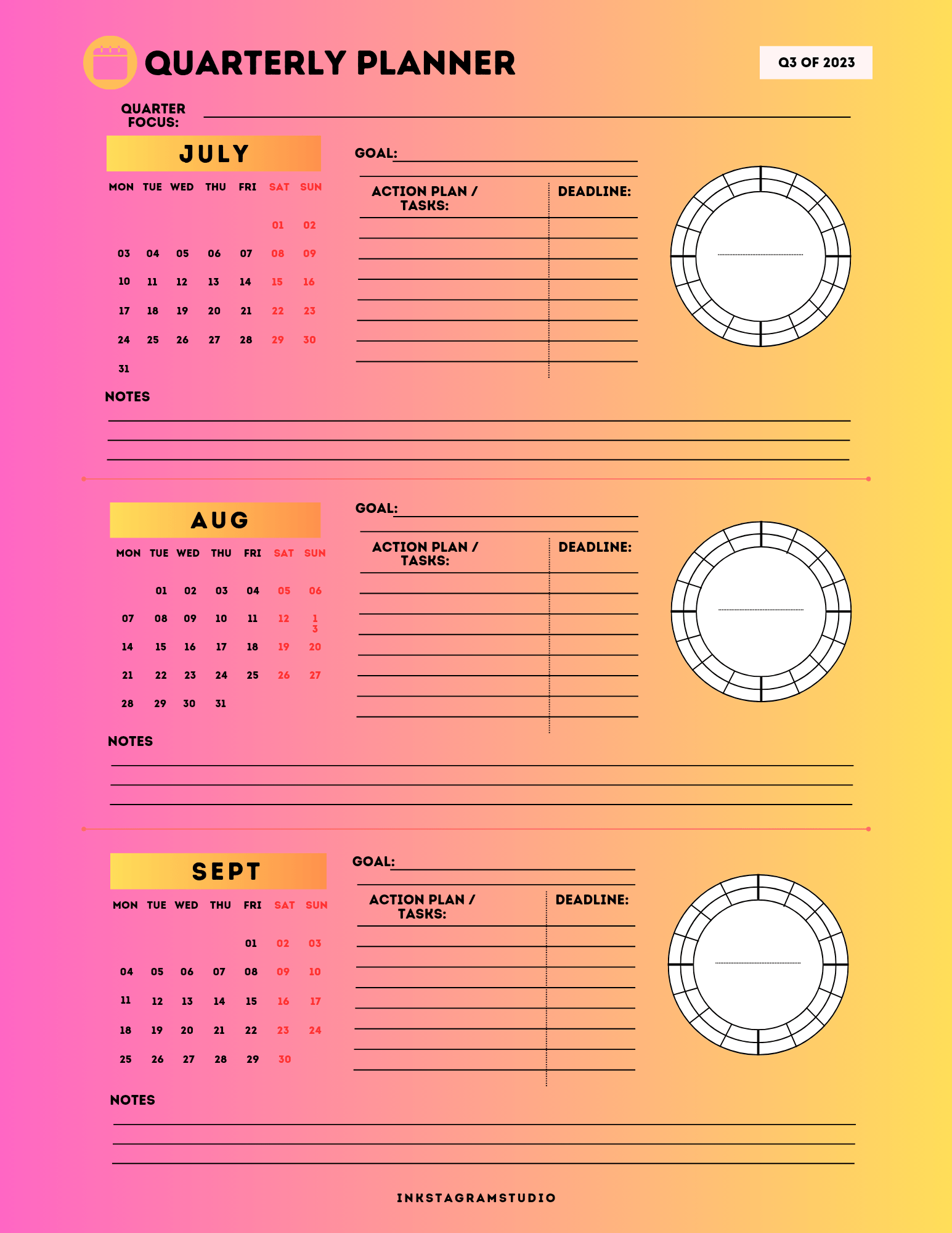 Yearly Quarterly Digital Planner with goal-setting pages and progress trackers for July, August, and September.