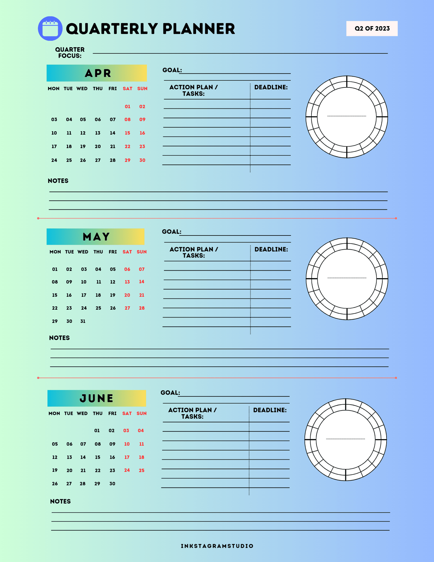 Yearly Quarterly Digital Planner layout with goal-setting and progress tracking features.