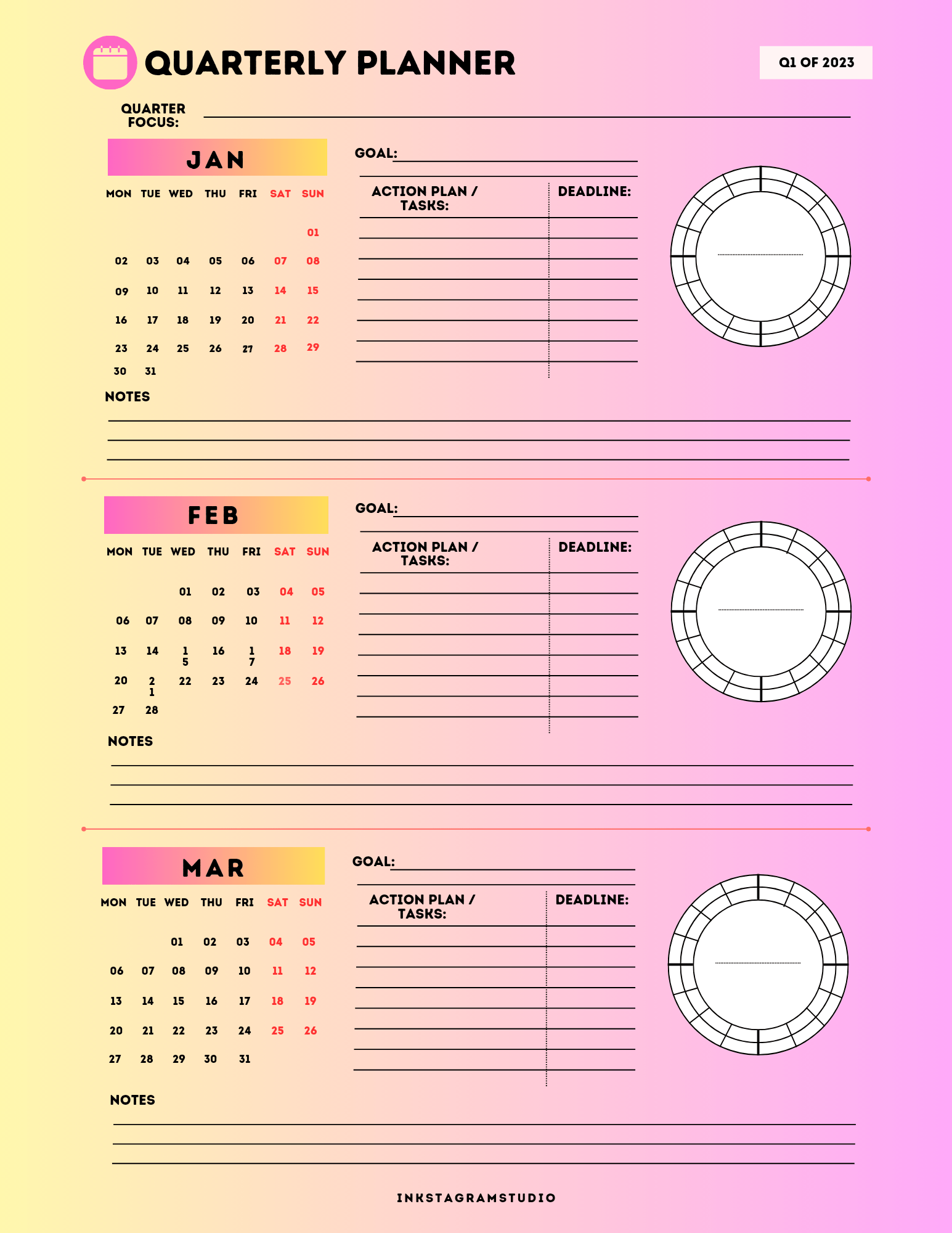 Yearly Quarterly Digital Planner with goal-setting, task deadlines, and progress trackers for January, February, and March.