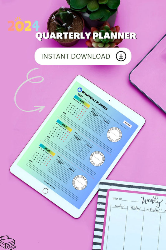 Yearly Quarterly Digital Planner for 2024 displayed on a tablet, featuring goal-setting and progress-tracking pages.